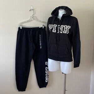 (NWT) Victoria’s Secret PINK Full Zip Hoodie & Classic Pant Set in Black, Small